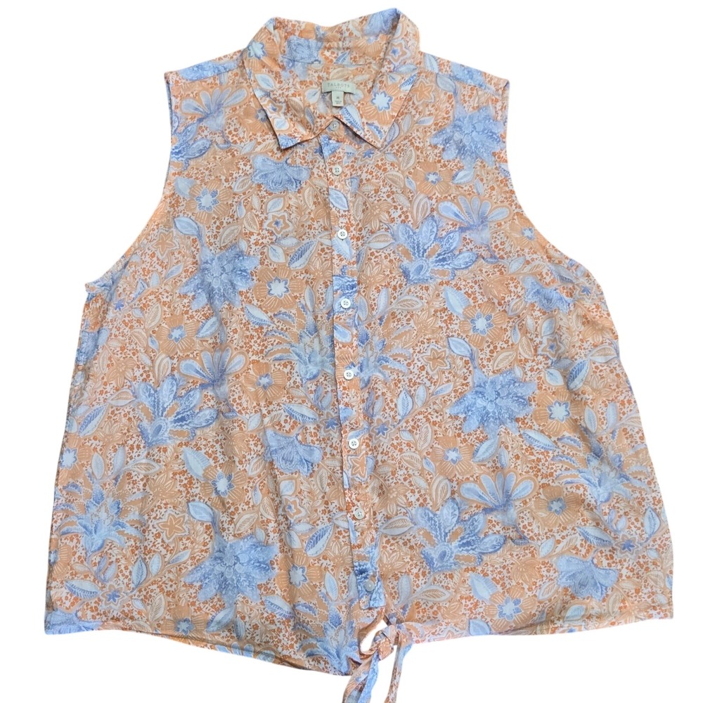 Talbots Womens XL Orange Blue Floral Cotton Tie Front Sleeveless Button Up Top